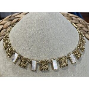 VTG Floral Gold Tone & MOP Necklace Bracelet Set Victorian French Statement